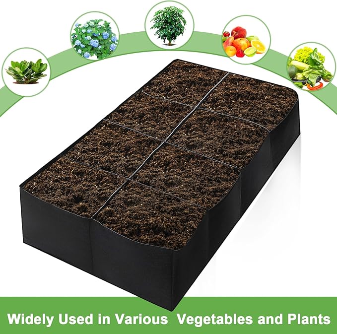 128 Gallon Garden Grow Bags, 6x3x1Ft Fabric Raised Garden Bed, Rectangular Grow Bags for Growing Vegetables Potatoes Flowers Planting Container (8Grids)