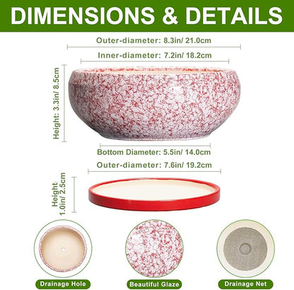 Succulent Pots - 8 Inch Bonsai Pots for Indoor Outdoor, Shallow Ceramic Planter with Drainage Hole and Saucer, Round Flower Succulent Planters, Room Decor, Gifts for Plant Lovers, Red