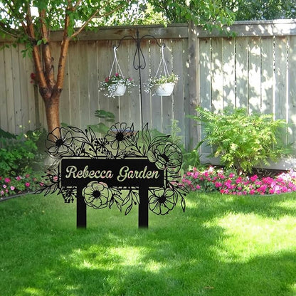 Custom Metal Flower Garden Sign with Stake, Personalized Garden Signs for Outside, Customized Garden Name Signs for Yard Lawn Outdoor Decor Gardening Gifts for Moms Grandmas Gardeners