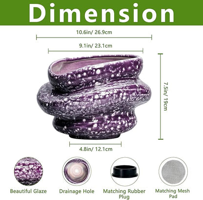 Ceramic Pots for Plants - 10.6 Inch Ceramic Plant Pots Indoor with Drainage Hole, Unique Planters for Indoor Outdoor Plants, Decorative Planter, Garden Room Decor, Housewarming Gifts, Purple