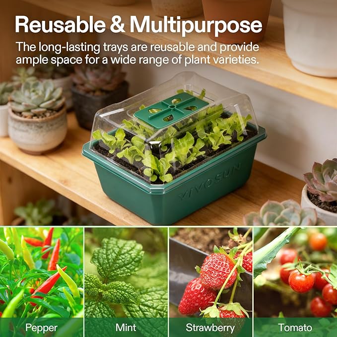 VIVOSUN 12-Pack Seed Starter Trays, 144-Cell Seed Starter Kit with Humidity Dome, Flat Reusable Plant Germination Trays with Drain Hole, Green Propagation Tray for Planting Seeds