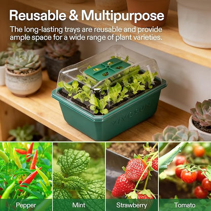 VIVOSUN 12-Pack Seed Starter Trays, 144-Cell Seed Starter Kit with Humidity Dome, Flat Reusable Plant Germination Trays with Drain Hole, Green Propagation Tray for Planting Seeds
