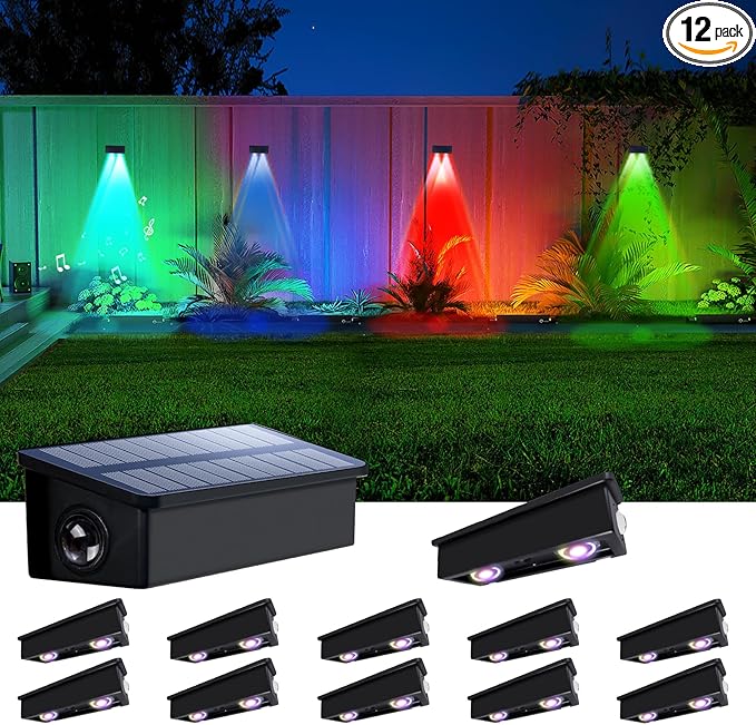 12 Pack Color Changing Solar Powered Fence Lights Outdoor Decorative LED Waterproof Yard Lamps for Outside Wall, Deck, House Patio, Rail, Stair, Yard, Pool, 7 Colorful Modes, Easy Installation