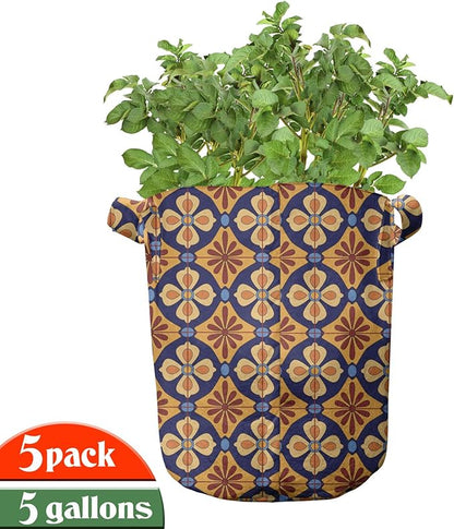 Lunarable Talavera Grow Bags 5-Pack, Mexican Ethnic, Heavyduty Fabric Pots with Handles for Plants, Blue Coffee