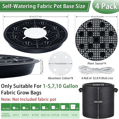 4 Pack 16.5'' Self-Watering Fabric Pot Base - Auto-Irrigation System Plant Saucer for 10 Gallon Fabric Pot, Auto Watering Plant Water Tray Self Watering System for Indoor Greenhouse Grow Tent Garden