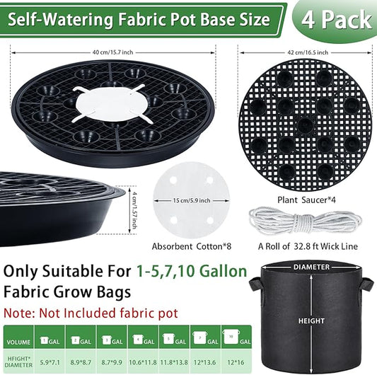 4 Pack 16.5'' Self-Watering Fabric Pot Base - Auto-Irrigation System Plant Saucer for 10 Gallon Fabric Pot, Auto Watering Plant Water Tray Self Watering System for Indoor Greenhouse Grow Tent Garden