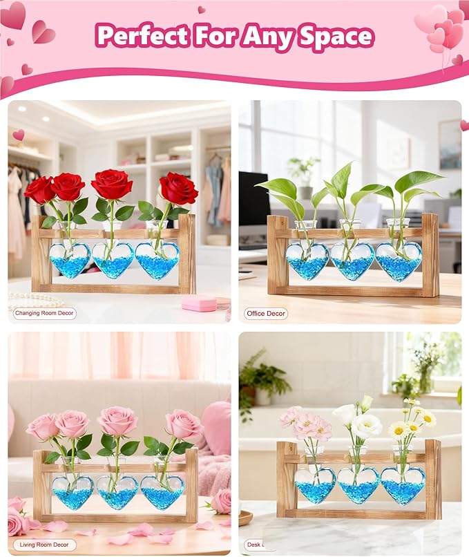 Nacome Plant Terrarium Propagation Stations: Birthday Gifts for Plant Lovers Women Mom Wife Daughter - 3 Bulb Glass Vase with Wooden Stand Tabletop for Hydroponics Home Garden Wall Decor