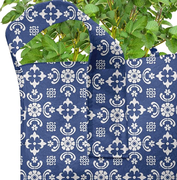 Ambesonne Folk Art Grow Bags 5-Pack, Talavera Tile Like Pattern, Heavyduty Fabric Pots with Handles for Plants, Sky Blue