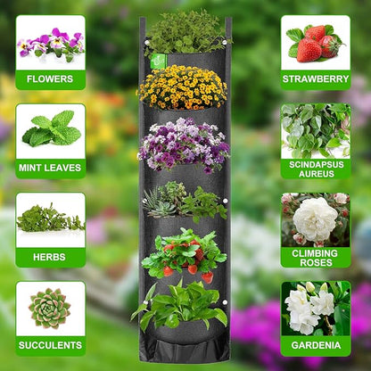 ANGTUO 6 Pockets Hanging Planters for Outdoor Plants, One Pack Wall Planter Vertical Garden, Hanging Plant Holder for Railing, Balcony, Fence