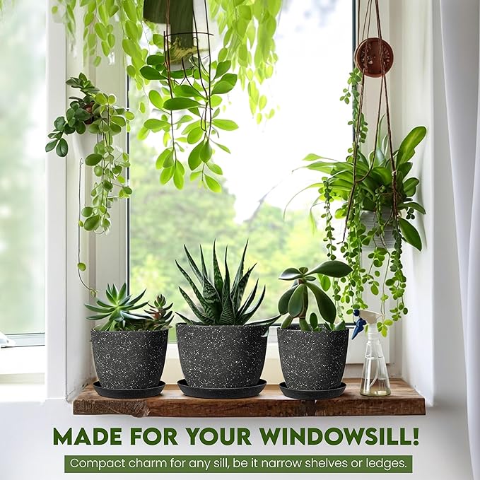 Utopia Home - Spotty Plant Pots Indoor with Drainage - 7/6.6/6/5.3/4.8 Inches Flower Pots - 5 Pack Plastic Planters - Ideal for Stocking Stuffers - (Speckled Black, Pack of 10)