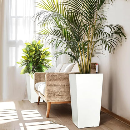 GAOMON 23" Tall Planters Set of 2, Planters for Outdoor＆Indoor Plants, Modern Plant Pots with Drainage Holes＆Water Level Monitor＆Inner Bucket, Automatic Watering, Convenience Instill, White