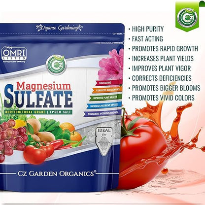 Magnesium Sulfate Epsom Salt Fertilizer - Made in USA - Plant Food for Hydroponics, Plants, Flower Gardens - Fruit, Vegetables, Holistic Herbs. OMRI Listed (Cz Garden Organics Magnesium Sulfate 19LB)