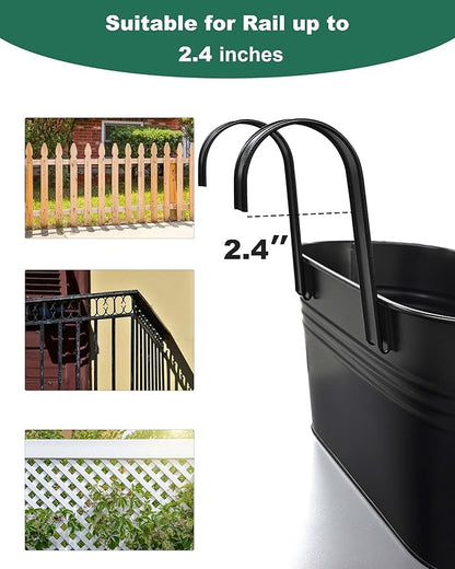 vensovo 16 Inch Railing Planter for Outdoor Plants - 5 Pack Large Metal Balcony Hanging Planters with Detachable Hooks and Drain Holes Oval Box Rail Pots for Home Garden Fence, Black