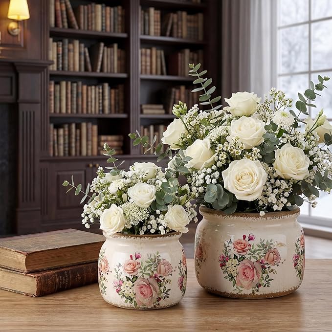 2 Pcs 7.7" & 5.9" Large Ceramic Plant Pot Beige Pink Rustic Rose Crackle Glaze Rustic Flowers Pot Decorative Planter with Drainage for Indoor Outdoor Plants Home Kitchen Office Decor Gift