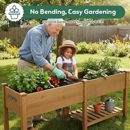PetsCosset Raised Garden Bed with Legs, Wood Elevated Planter Box with Storage Shelf & Bed Liner, Hanging Hooks for Vegetables Flowers Herbs, Outdoor Patio & Backyard Use