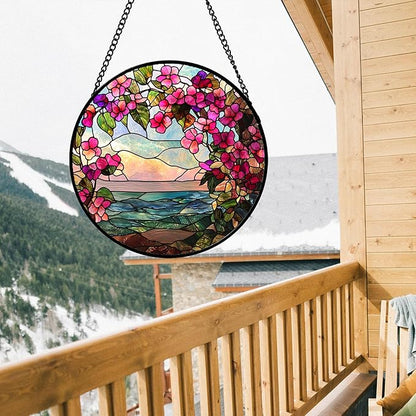 Stained Glass Window Hanging, Purple Flower Landscape Wreath Sun Catcher for Door Home Decor Plants Flowers Suncatcher Christmas Mother's Day Birthday Gifts for Women Men Mom Nana 6.3 in