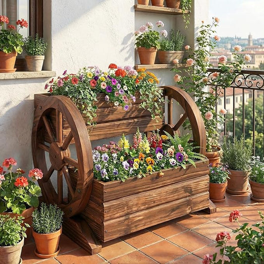 Giantex Wooden Wagon Planter Box, Garden Planter with Drainage Holes & Wheels for Flowers Herbs Vegetables, Indoor Outdoor Decorative Flower Cart for Patio Garden Balcony (2)