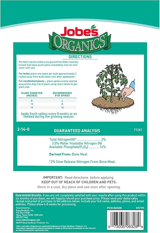 Jobe's Organics Bone Meal Fertilizer Spikes, Strong Root Development for Bulbs, Tomatoes, Roses, and Other Flowering Plants, 50 Count
