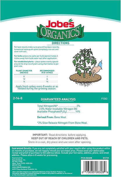 Jobe's Organics Bone Meal Fertilizer Spikes, Strong Root Development for Bulbs, Tomatoes, Roses, and Other Flowering Plants, 50 Count