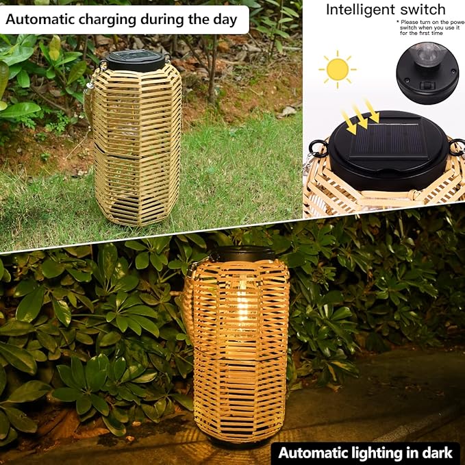 Livinlarge Solar Lantern Outdoor Hanging Lights, Rattan Lantern Waterproof with Twine Handle, Bright Solar Outdoor Lights with Edison Bulb for Garden Patio Yard Tabletop Decoration