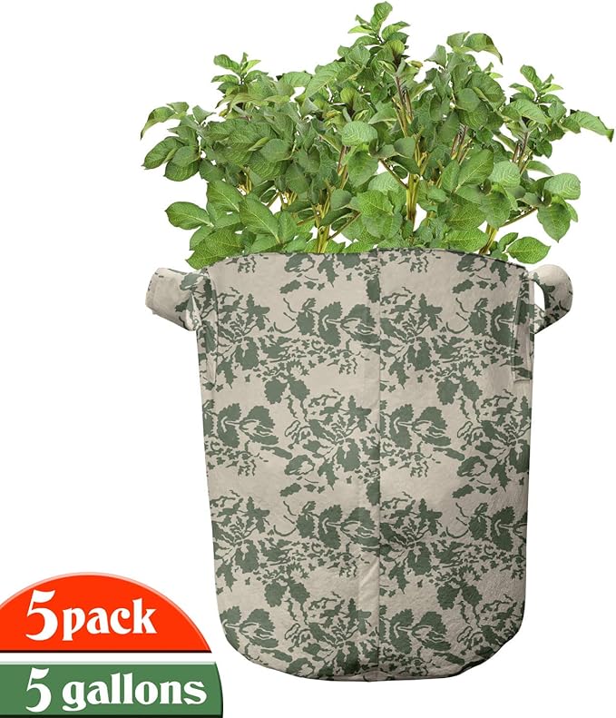 Ambesonne Colorful Grow Bags 5-Pack, Sugar Skulls Flowers, Heavyduty Fabric Pots with Handles for Plants, Black Fuchsia