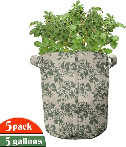 Ambesonne Colorful Grow Bags 5-Pack, Sugar Skulls Flowers, Heavyduty Fabric Pots with Handles for Plants, Black Fuchsia