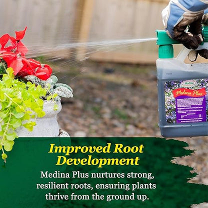 Medina Plus Soil Activator - Liquid Soil Loosener for Lawns & Gardens - Micronutrient-Rich Soil Conditioner & Softener - Used with House Plant Fertilizer, Liquid Plant Food for Houseplants - 1 End Qt