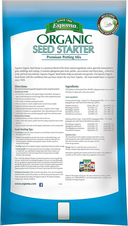 Espoma Organic Seed Starter Premium Potting Soil Mix - All Natural & Organic Seed Starting Mix with Mycorrhizae. For Organic Gardening, 16 qt, bag - Pack of One
