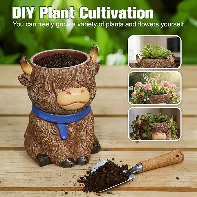 Cute Highland Cow Planter Pot - Shaggy Resin Succulent Pot with Drainage, Aesthetic Scottish Cow Flower Pot for Boho Home Decor, Desk, Patio | Unique Cow Gifts for Women, Mom, Plant Lovers (Brown)