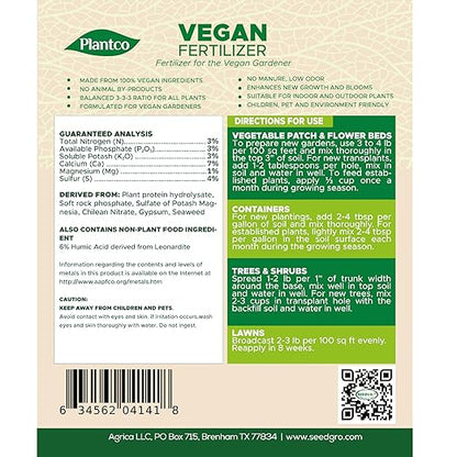 Vegan Fertilizer Mix with Plant-Based Ingredients | Cruelty-Free, No Animal by-Products | All-Purpose Granular Fertilizer NPK 3-3-3 with Other Nutrients | 4 lb Bag