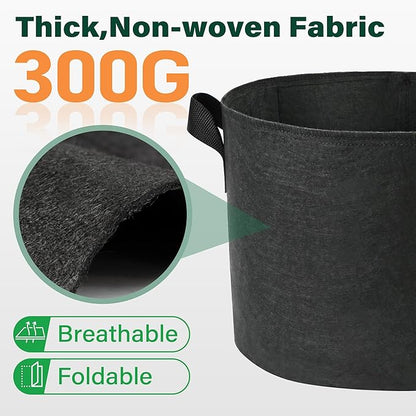 LotFancy 5 Pack 5 Gallon Grow Bags, Thickened Nonwoven Fabric Pots with Reinforced Handles, Heavy Duty 300G Aeration Planter Bags for Vegetables Flowers Fruits, Black