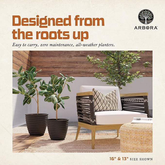 ARBORA 16" Ibiza Polyresin Indoor and Outdoor Planter with Classic Black Finish - Durable, Weatherproof, Lightweight, Large Plant Pot for Patio, Garden, Deck, Entryway