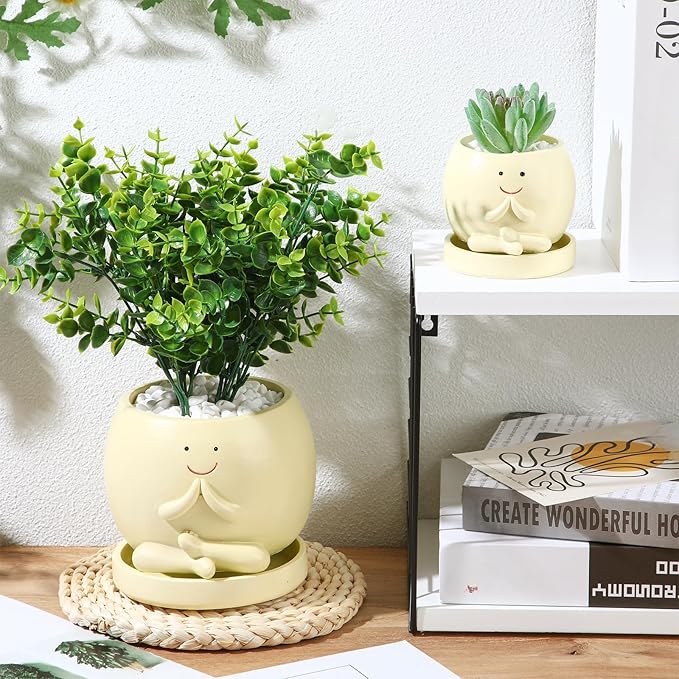 2 Pcs Smile Face Planters Pots with Drainage Hole, 6'' Head Planters 3.6'' Cute Resin Flower Pot for Indoor Plants, Succulent Pots for Plant Lover Gift(Yoga)