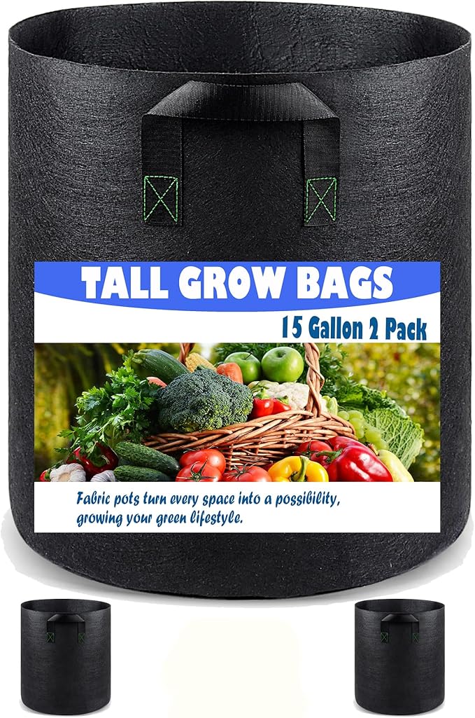 Tall Fabric Pots for Plants, 15 Gallon 2 Pack Cloth Grow Bags with Short Handles, Taller Design for Deep Root Vegetables, Washable Reusable Plant Pots for Garden Patio Pond