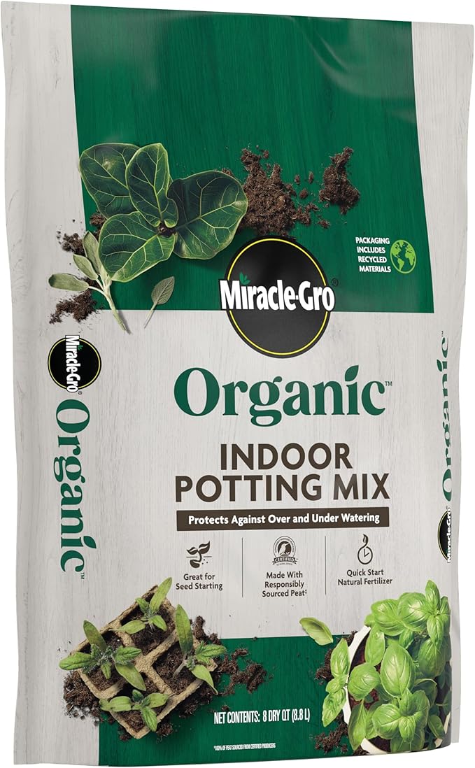 Miracle-GRO Organic Indoor Potting Mix, Protects Against Over and Under Watering, for Indoor Container Plants, Houseplants and Starter Plants, OMRI Listed, 8 qt., 2-Pack