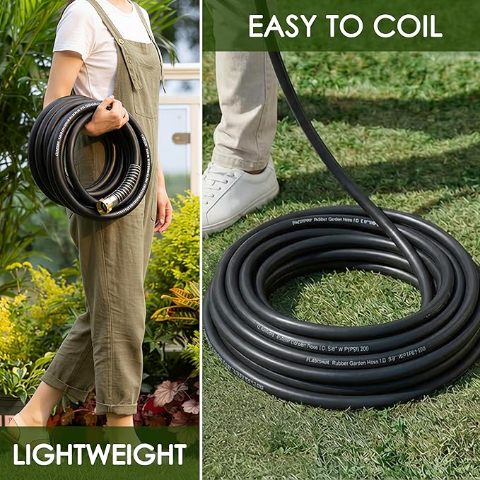 5/8 IN. × 10FT. Flexible Rubber Garden Hose, High Flow 5/8" I.D. Brass Fitting No Memory Durable Heavy Duty Water Hose Leader Hose for Watering, Irrigation, Water Transfer Pump
