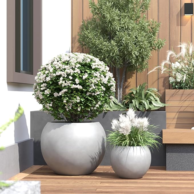DTY Mount Sherman 21.1'' D x 16.7'' H (Pot Opening 14.6") Fiberstone Round Planter with Drainage Hole, Smooth Finishes, Weather Resistant for Indoor and Outdoor, 2 Extra Coco Mats - Gray, Large