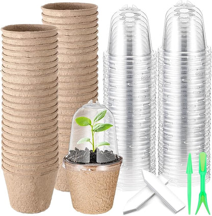 Baderke 120 Pcs Biodegradable Nursery Pots with 30 Humidity Dome and 30 Labels, 4" Plant Nursery Seed Starter Planter Biodegradable Peat Pots for Planting Seedlings, Vegetables (Round)