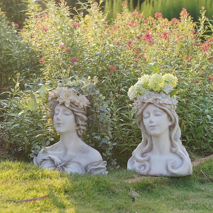 Head Planter Face Flower Pot - Lily Pond Goddess Planter 9 Inch Garden Resin Face Planter with Drainage Hole Plants Pot for Indoor and Outdoor Plant Closed Eyes 15 * 9 * 16 Inch