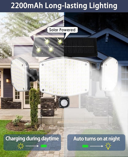 Solar Motion Lights Outdoor with Stake, 208 LED 270° Illumination Security Flood Lights for Yrad Garden Pathway, 3 Modes, IP65 Waterproof, In-Ground or Wall Mount