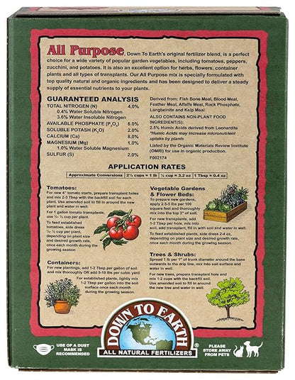 Down To Earth All Natural Fertilizers Organic All Purpose Tomato & Vegetable Mix - Plant Food for Tomatoes, Peppers, Herbs and Flowers 4-6-2, 5 lb