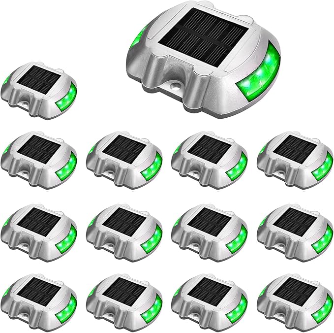 JIGUOOR Solar Deck Lights LED Driveway Lights Solar Powered Dock Light Outdoor IP68 Waterproof Road Markers for Step Sidewalk Stair Boat Garden Ground Pathway Yard (Green, 14 Pack)