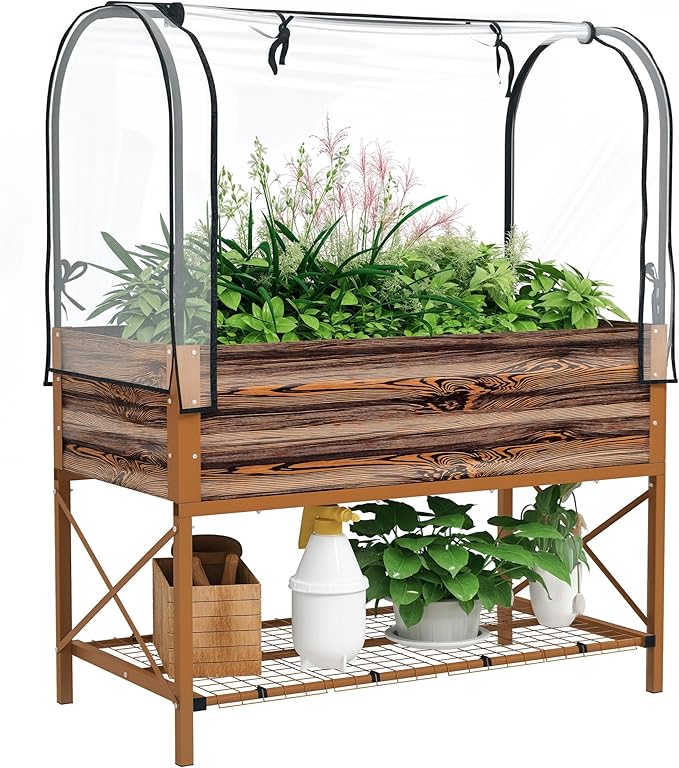 Outsunny Raised Garden Bed with Cover and Storage Shelf, Rectangular Metal Elevated Planter Box with Legs and Bed Liner for Vegetables, Flowers, Herbs, Dark Brown
