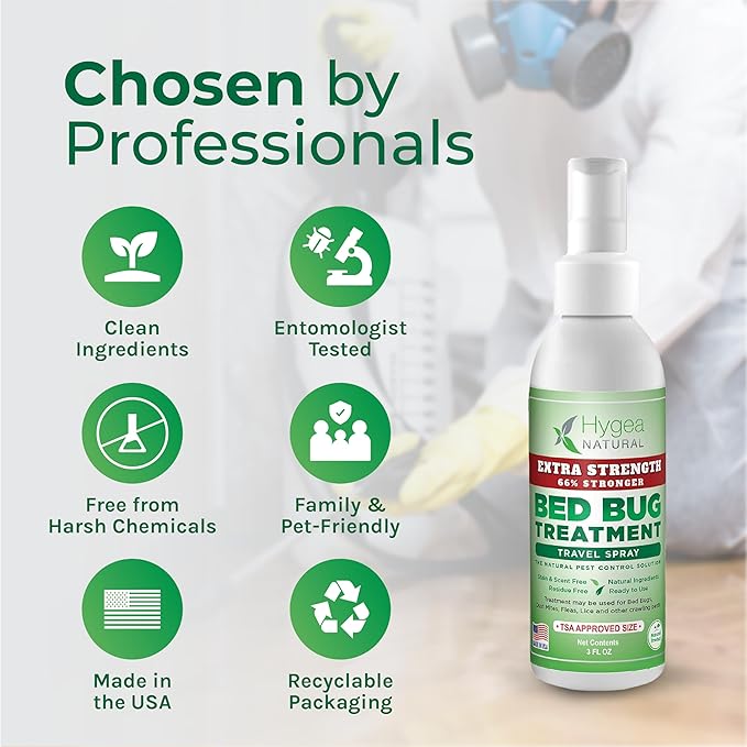 Hygea Natural Extra Strength Bed Bug Killer & Mite Travel Spray,TSA Approved Size, Child & Pet-Friendly, Stain & Odor Free, for Hotel, Suitcase, Backpack, Shoes, 66% Stronger Natural Formula(3oz)