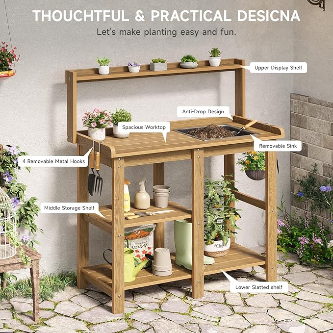 ONBRILL Potting Bench, Outdoor Potting Bench Table with Removable Sink, HDPS Potting Benches for Outside, Garden Table with Storage Shelves & 4 Side Hooks, No Rot, No Fade, No Break, 360lbs Capacity