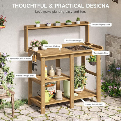 ONBRILL Potting Bench, Outdoor Potting Bench Table with Removable Sink, HDPS Potting Benches for Outside, Garden Table with Storage Shelves & 4 Side Hooks, No Rot, No Fade, No Break, 360lbs Capacity