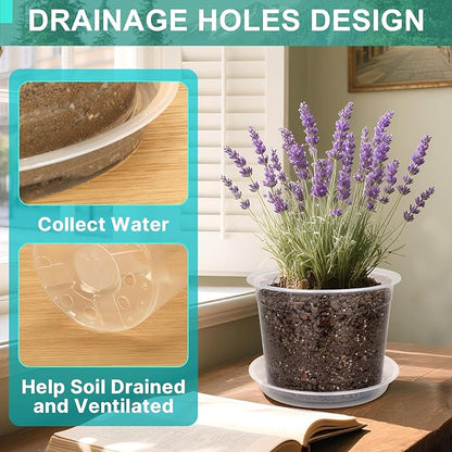 8 Inch Clear Nursery Pots with Drainage and Saucer, 5 Pack Large Plastic Pots for Plant, Seedling Starter Pot, Garden Pots for Succulents Flower Vegetables Herb