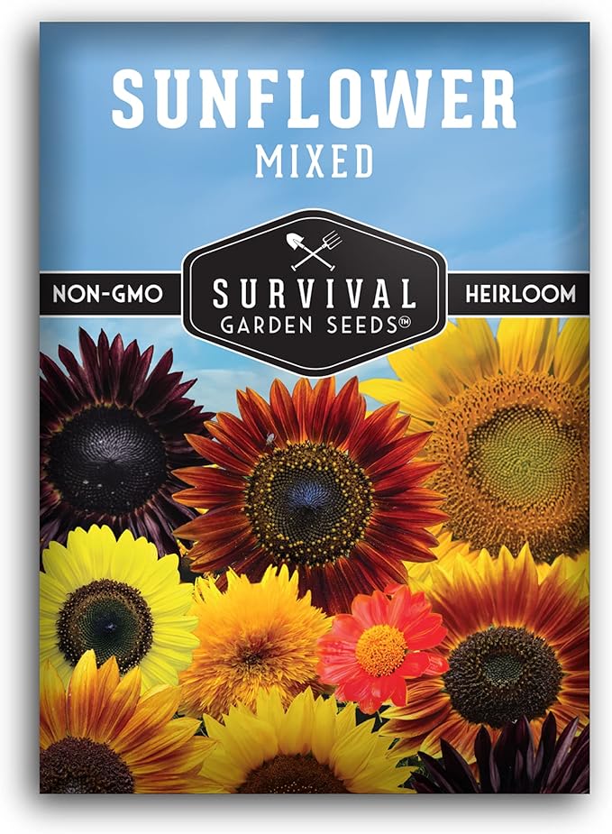 Mixed Sunflower Seeds for Planting | Colorful Blend of Heirloom Varieties for Cut Flowers & Pollinators – Heirloom Non-GMO – Survival Garden Seeds (1 Pack)