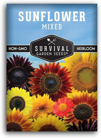 Mixed Sunflower Seeds for Planting | Colorful Blend of Heirloom Varieties for Cut Flowers & Pollinators – Heirloom Non-GMO – Survival Garden Seeds (1 Pack)