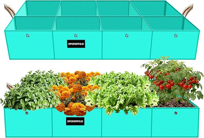 2 Pcs 135 Gallon PE Rectangle Plant Grow Bags, 6x3x1ft Large Garden Grow Bag Outdoor 8 Grids Planter Box Planting Container for Growing Tomatoes Potatoes Plants Flowers, Green
